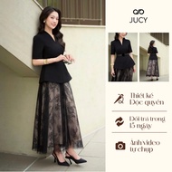 JUCY Office Outfit Set Pointed Collar Blazer with Back Zip and Luxurious Thick 2-Layer Lace Skirt - 