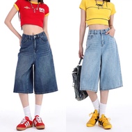 High Waisted Shorts for Women Denim Wide Leg Pants Unisex 7- Point Jeans Loose Retro Fashion Pants