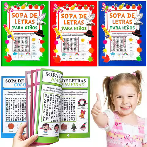 Spanish word search books suitable for children aged 6 to 12, 3 to choose from, over 80 hidden words