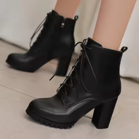 Women's Ankle Boots High Heels Fall Winter Platform Ladies Motorcycle Boots Thick Heels Lace-up Ridi