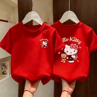 【220G 100%Cotton】SISI 2026 Year Red hello Kitty Short-Sleeved T-Shirt women's New Year's Clothing