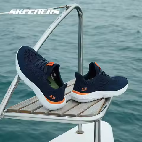Skechers USA STREET WEAR MEN 210281-NVOR Navy Blue Orange Breathable Mesh Walking Shoes Comfortable 