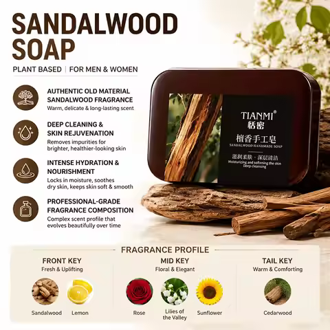 Sandalwood Soap Cleansing Soap,Handmade Bath Deodorant Moisturizing Shower, Long Lasting Plant Based