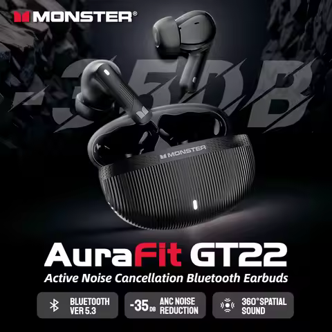 Monster AuraFit GT22 -35dB Active Noise Cancelling Earbuds 360° Stereo Wireless Bluetooth Headphone 