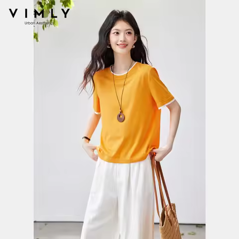 VIMLY Women's Minimalism Short Sleeve Top 2026 Summer New Fashion Versatile Contrast Trim Round Neck
