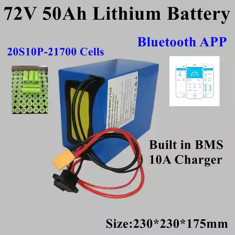 20S10P 21700 Cells Lithium-ion 72V 50Ah avec Bluetooth pour Vélo, Scooter, Moto, Camion-grue, Charge