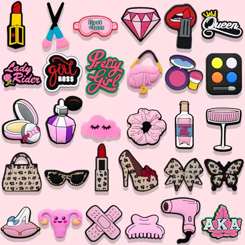 1/30pcs Girl Shoe Charms Beauty Care Lipstick Leopard Print Girl Boss Queen Shoe Pins for Women Girl