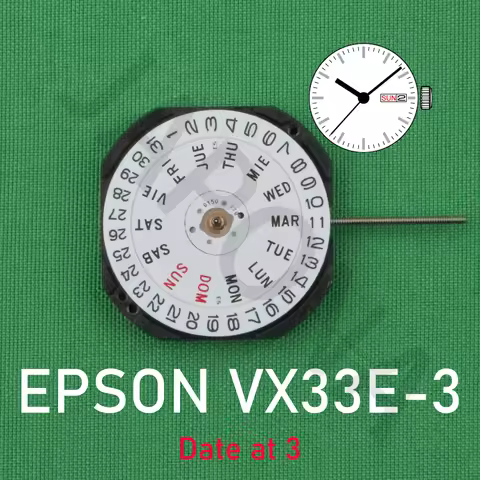 EPSON VX33 movement with date Calendar display japan movement VX33E Three Hands Calendar Date Metal 