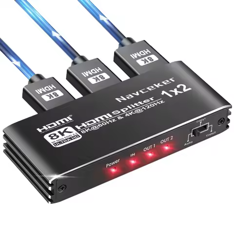 Navceker 1 in 2 Out 4K 240Hz HDMI Splitter 8K Audio Splitter HDMI 2.1 Cable Adapter 1x2 For PS5 Lapt
