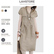 LAHSTORE straight linen dress short sleeve V-neck with box waist belt DS15 (Beige Khaki)