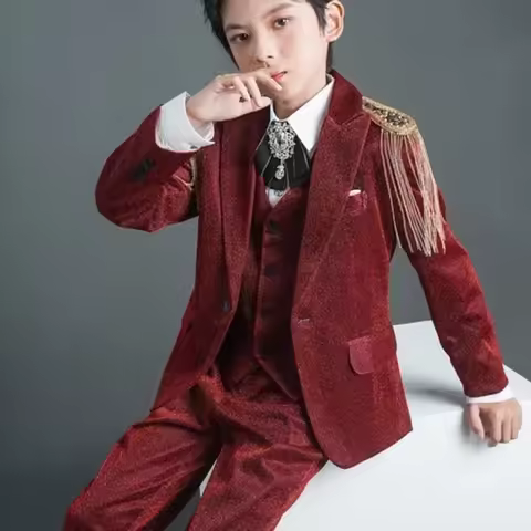 2026 New Children's Long Sleeved Blazer Coat Pants Vest Set Boys' Trendy Outwear Performance Costume