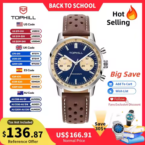 TOPHILL Vintage Racing Chronograph Men’s Mechanical Watch ST1901 Seagull Movt. Pilot Military Leathe