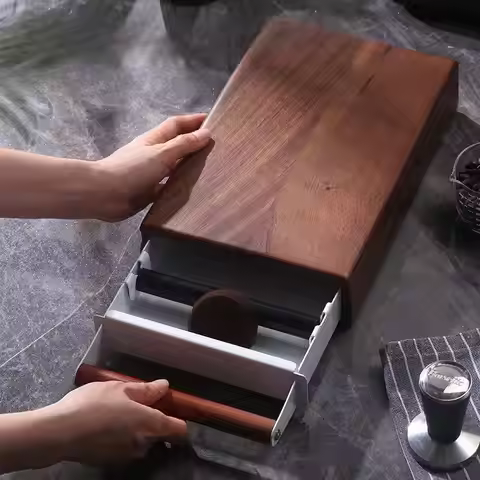 Walnut Wood Espresso Knock Box Stainless Steel Coffee Knock Box Drawer ,Non slip,Thickened Coffee Gr