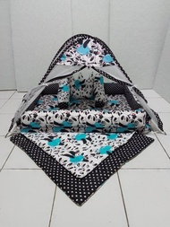 kasur bayi kolam kelambu tenda plus selimut 1 set motif panda apel hijau