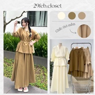 Puffed Sleeve Blouse Set with Lightly Flared Long Skirt in Soft Raw Material with Belt - 29feb.close