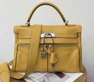 Hermes lakis kelly32琥珀黃銀扣S皮框M刻 有肩帶 鎖具