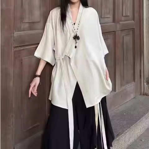Japanese YY Designer Women's Shirt 3/4 Sleeve Fashion Casual Streetwear Taoist Robe Shirt Asymmetric