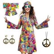 5pcs/Set 70s 80s Hippie Dress Outfit, Includes Necklace & Earrings, Women Disco Dance Party Costume,
