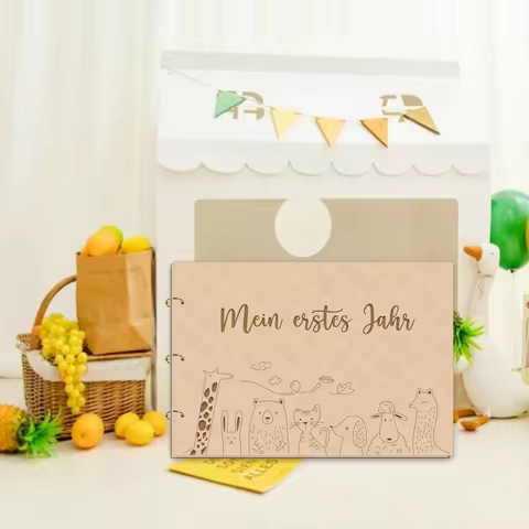 German "Mein Erstes Jahr" Wooden Baby Album - Safari Animals Memory Book, 20x15cm First Year Scrapbo