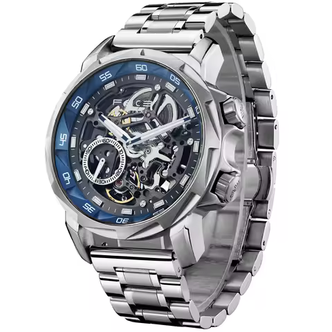 FEICE FM511 Men's Automatic Mechanical Watch,Fashion Watch For Men,Blue Skeleton Dial,Stainless Stee