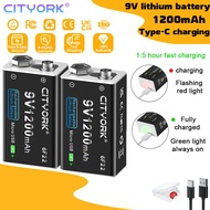 CITYORK  2PCS  Lithium battery 9 V 1200mAh Micro USB 9V 6F22