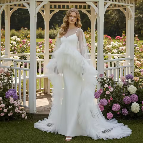 Elegant Classic Long Bridal Shawl Multiple Layers Ruffled Edges Trailing Wedding Cape for Women Brid