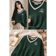 Green V Neck Logo Knitted Cotton Sweater JK Cosplay Uniform Long Sleeve plus size