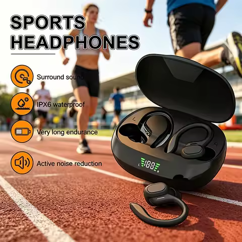 SP16 TWS Wireless Earbuds Sports Ear Hook Headphones HiFi Stereo Waterproof With Mic, True Wireless 