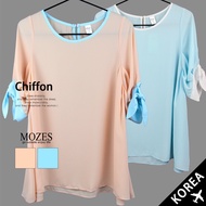 Mozes-Hit Color Umbrella Tails While Bowknot Chiffon Blouse Cyan