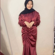 Bridesmaid dress kondangan muslim terbaru / Gamis serut satin wanita casual hangout ootd lebaran fashion muslim bahan satin silk import model tali serut samping terbaru viral kekinian