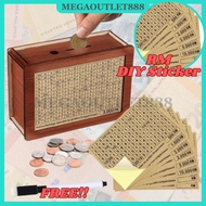RM/USD/EURO 8PCS DIY Sticker Coin Storage Bank with Counting Label Wooden Money Saving Challenge Pig