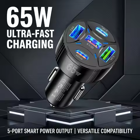 65W Multi Port Car Charger, Compact 5-Port USB C Cigarette Lighter Adapter with PD 30W QC 3.0 Fast C