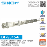 SINOR BF-9015-6 SUS304 STAINLESS STEEL WALL-MOUNT CLOTHES HANGER 6 HOOK Heavy Duty Wall Mount Stainl