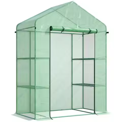 Outsunny 5' x 2.5' x 6.5' Mini Walk-in Greenhouse Kit with 3-Tier Shelves Roll-Up Door Weather-Resis