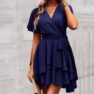 深藍高腰優雅V領蝴蝶袖荷葉邊袖短袖分層下擺束帶連身裙連衣裙無彈性A字短裙梭織面料大碼 Dark Blue Navy blue high waist Classy V-neck Butterfly Sl