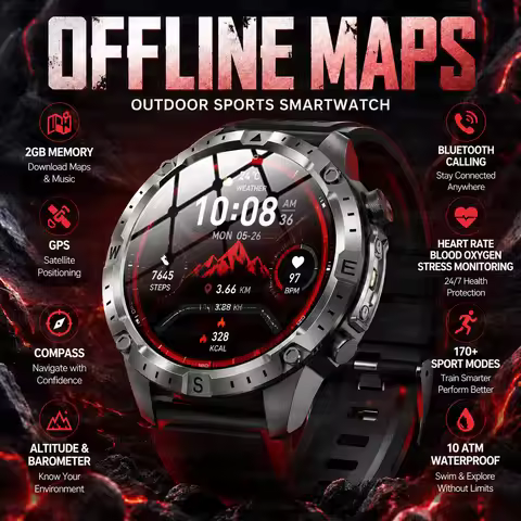 2026 New Rugged Military Smartwatch 2GB Memory GPS Offline Maps Compass 24H Heart Rate 10ATM Waterpr