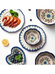 創意北歐風格手繪圖案帶蕾絲邊陶瓷沙拉碗湯鍋牛排盤，適用於家庭使用