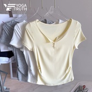 【YOGATRUTH】Woman Sports Short Sleeve Side Pleats V-neck Skin Friendly Slim Top Running Gym