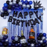 82pcs Blue And Black Happy Birthday Decorations For Men, Birthday Decorations Banner, Crown Foil Bal