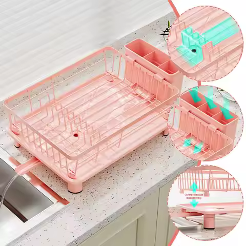 Pink Drain Rack Large Dish Drying Rack For Kitchen Counter With Drainboard, Rustproof Dish Drainer S