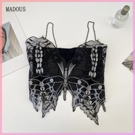 【MADOU5】 Của phụ nữ yếm ren Spaghetti dây đeo yếm trở lại Ribbon Bow Thiết kế ống Top Fit bướm lưới 