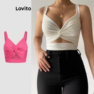 Lovito Casual Tank Top Plain Twist Cut Out Tank Top for Women LNL38051 (Coffee/Hot Pink/White/Yellow