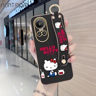 (With Wristband) Hontinga Casing Case For OPPO Reno10 Reno 10 Pro 5G Reno11 Reno 11 Pro 5G Case Cartoon Lovely Cartoon Hello Kitty Case Shockproof Frosted Back Full Lens Camera Protector Transparent Phone Case Hard Case For Girls