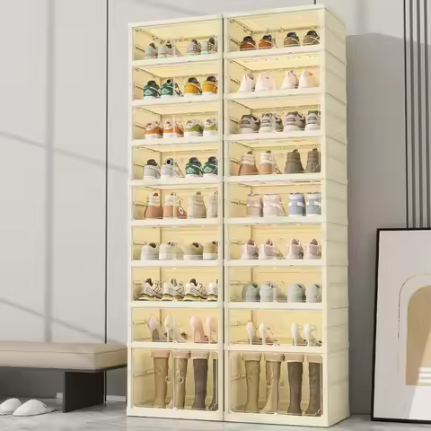 Foldable Shoe Rack Organizer 9 Tiers with Wheels 36Pairs Plastic Collapsible Shoes Shelf Folding Tal