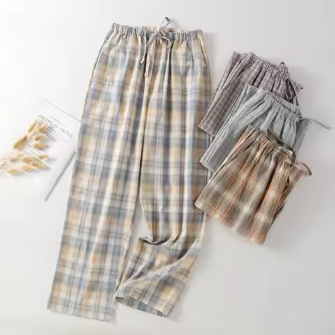 Men's Trousers Plaid Knitted Sleep Pants 100% Cotton Gauze Pajamas Pants Bottoms Sleepwear Short For