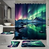 Green Aurora Borealis Waterproof Shower Curtain Set (72x72 Inch) with Non-Slip Bath Rugs, 4 Piece Mo
