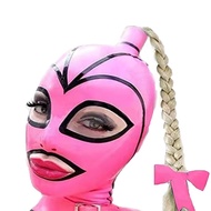 Sexy Headgear Exotic Latex Hood Mask with Open Big Eyes Back Zip Fetish Hood Mask with braid wig Hol