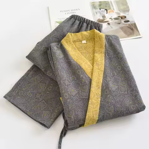 Japanese Style Kimono Pajamas Set Men's Cotton Sleepwear Loose Casual Pijama Mujer Home Clothes Male