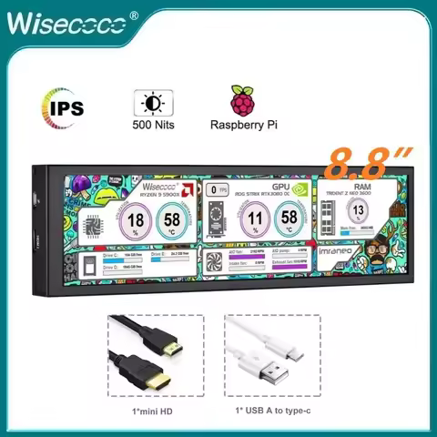 Wisecoco 8.8" FHD Mini Secondary Screen 1920x480 HDMI Type-C Compatible with PC Laptop Raspberry Pi 