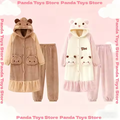 In Stock Panda Bubu And Yier Pajamas Autumn And Winter Pajamas Cartoon Panda Bubu And Dudu Coral Fle
